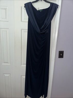 ralph lauren navy blue long dress Ralph Lauren Ralph Lauren Satin Charmeuse Halter Gown in Blue